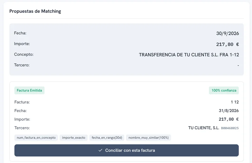 Conciliación bancaria de ContaThor con datos de ejemplo: el movimiento del banco y la factura que propone, con un 100 % de confianza.