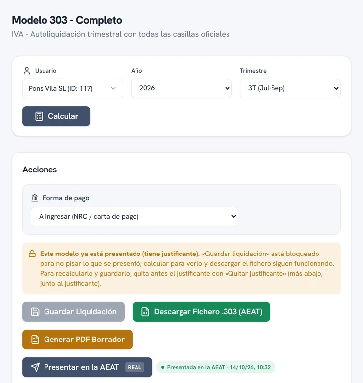 Modelo 303 en TaxThor con datos de ejemplo: ya presentado en la AEAT desde el propio programa, con su justificante.